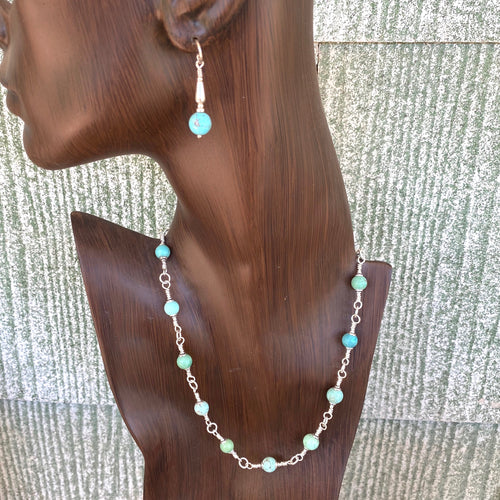 Turquoise and Sterling Necklace and Earring Set . Choker 16 ins,,