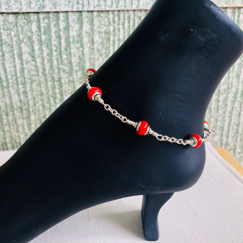 Red Lamp Work Glass and Sterling Silver Anklet 9 3/4 inches Oh yum