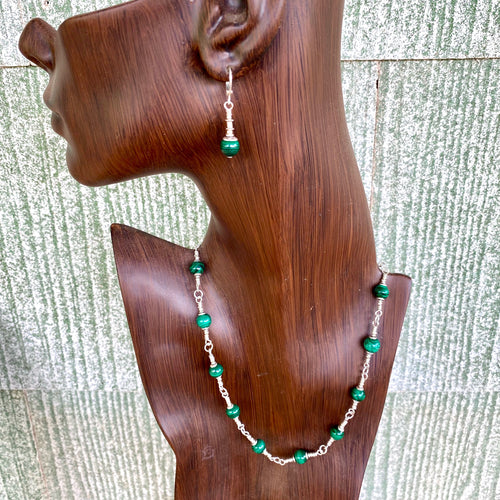Necklace Set Malachite and Sterling Silver Choker 17 inches