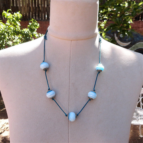 Recycled Lamp Work Bead Necklace Turquoise and White Made in USA