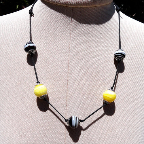Recycled Lamp Work Bead Necklace Black and Yellow Made in USA