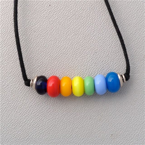 Gay Pride Lamp Work Glass Rainbow Bead Necklace with Two Sliding Knots
