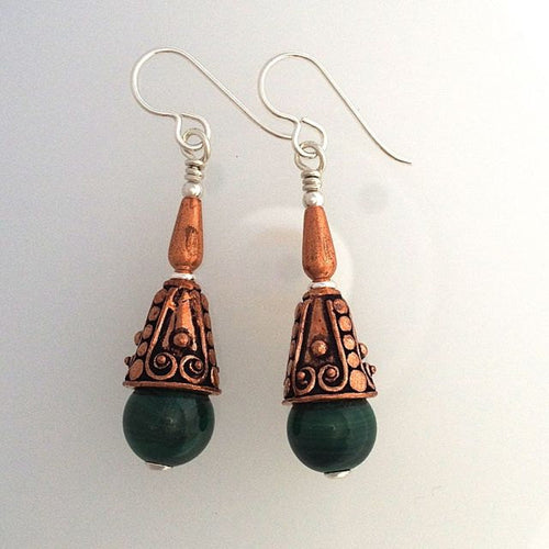 Earrings in Malachite Silver and Copper by Kate Drew-Wilkinson