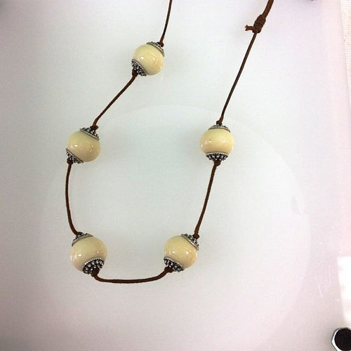 Lamp Work Glass Bead Necklace Ivory Beads on Two Knot Cord
