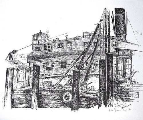 The Sausalito Waterfront Signed Print of the San Rafael Ferry with Pile Driver 1977 by Kate Drew-Wilkinson