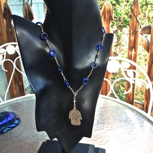 Kate Drew-Wilkinson Necklace Blue Dutch Donuts and Hamsa