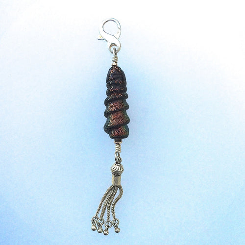 Lamp Work Red Dichroic Glass and Turkish Silver Tassel Pendant Zipper Pull