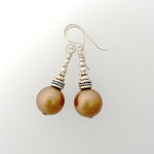 Swarovski Crystal 12 mm Pearl Earrings Light Copper Color.
