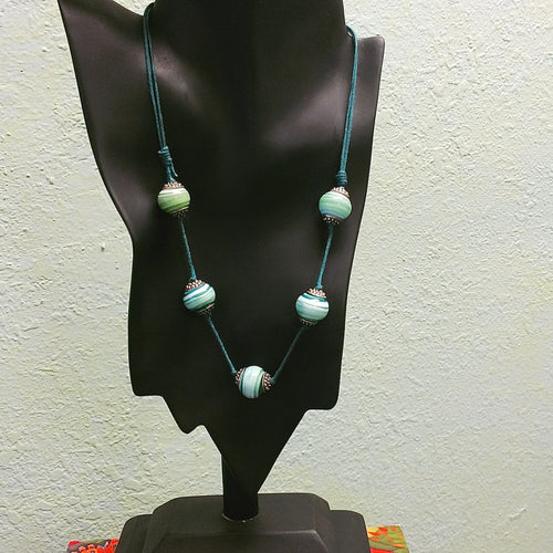 Recycled Lamp Work Bead Necklace Green and White Made in USA
