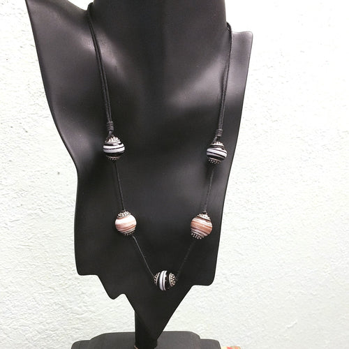 Recycled Lamp Work Bead Necklace Black and White Brown and White Made in USA