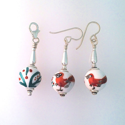 Birder Earrings And Zipper Pull Rare Hand Painted Antique Chinese Porcelain