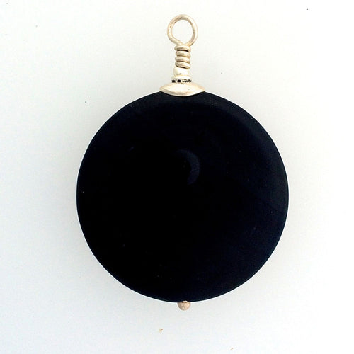 Black Onyx Disk Pendant. Large, Flat set in Silver