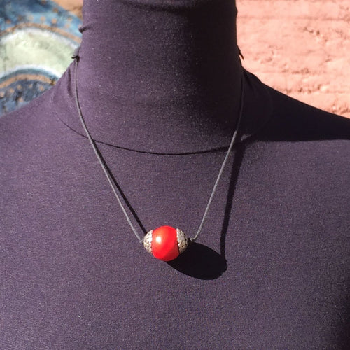 Red Bohemian Glass Historic Bead in Ornate Silver Bead Caps