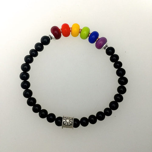 Gay Pride Bracelet Lamp Work Rainbow Beads and Black
