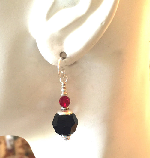 Jet Black and Red Swarovski Crystal Earrings 10 MM With Sterling Silver