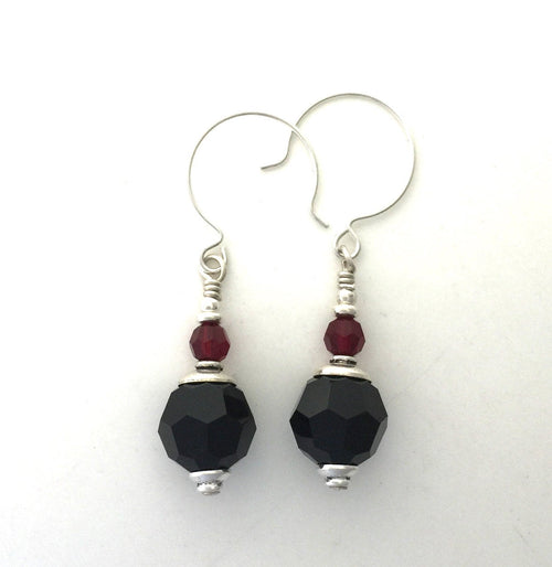 Jet Black and Red Swarovski Crystal Earrings 10 MM With Sterling Silver #2